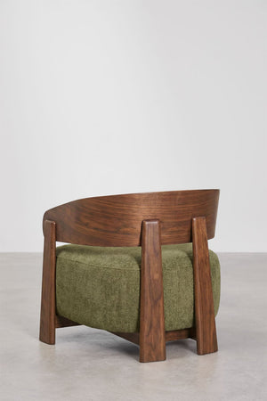 Olea armchair – front view, brown polyester upholstery and oak frame