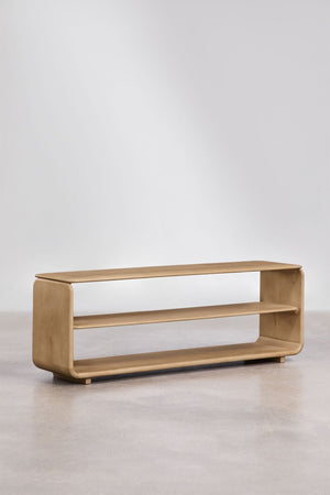 Tinsley TV cabinet – three-quarter view, light mango wood