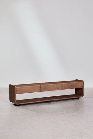 Tinsley TV stand – drawer open close-up, dark acacia wood