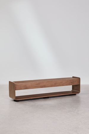 Tinsley TV stand – side profile view, dark acacia wood
