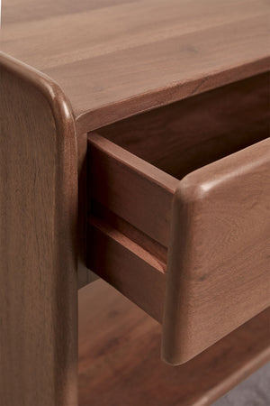 Tinsley TV stand – rear view, dark acacia wood