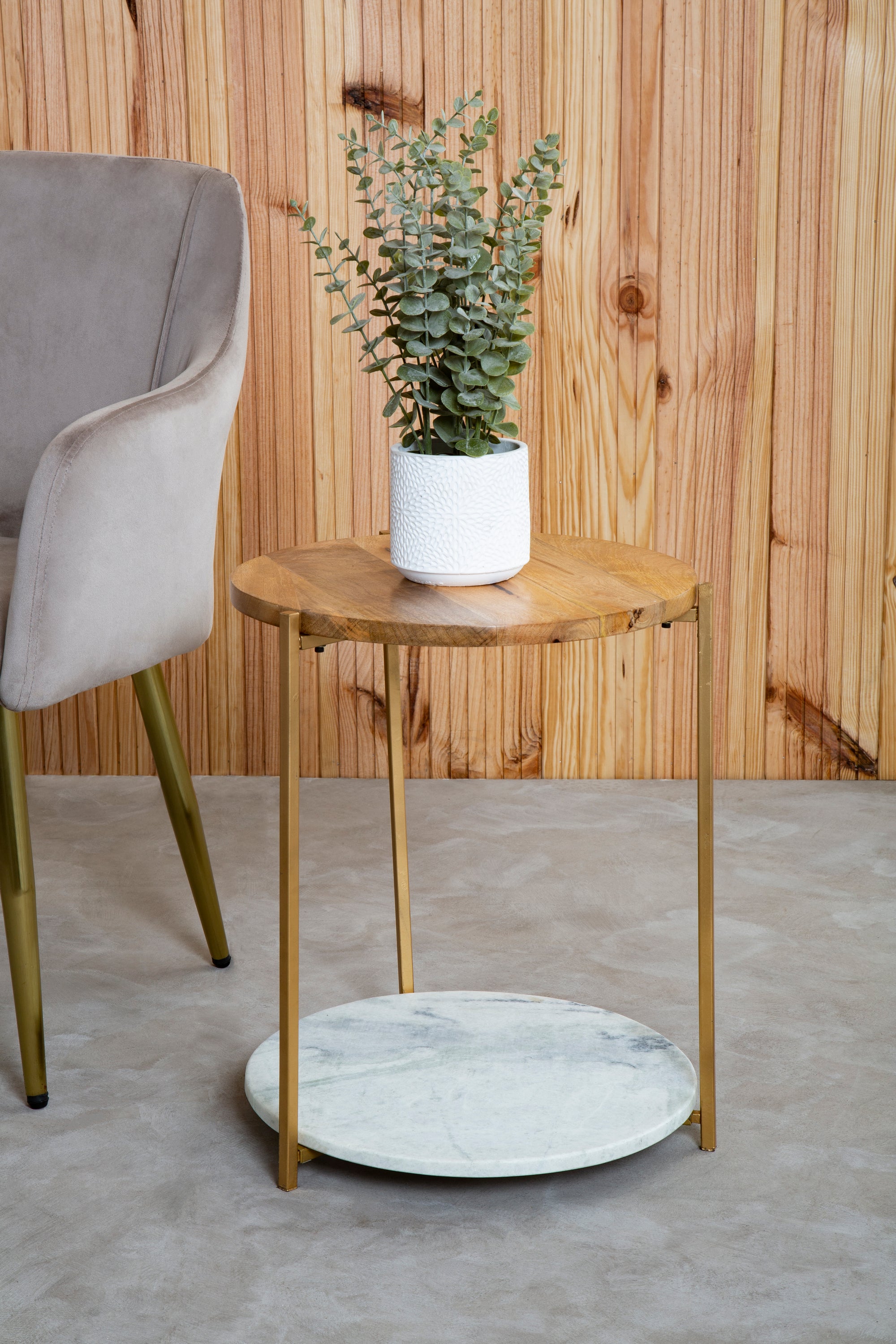 Mandoli White Marble And Wood Side Table