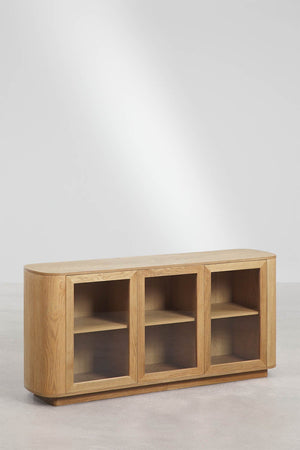 Walia sideboard – front view, all three glass doors open showing shelves