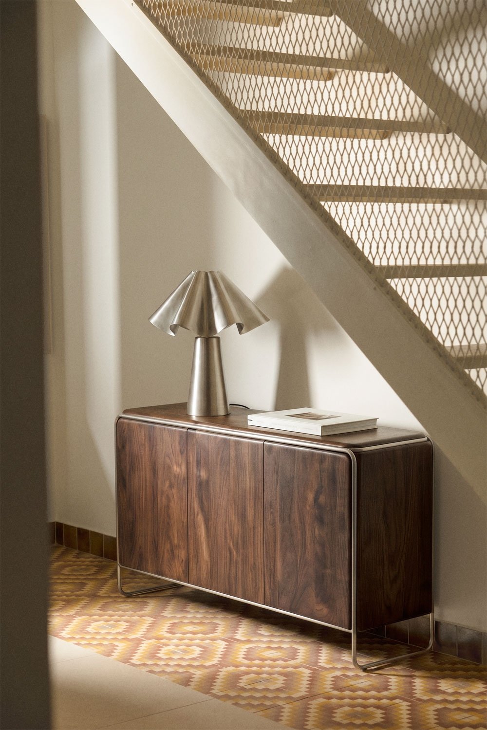 Altrex sideboard – front view, closed doors, dark acacia wood and stainless steel frame