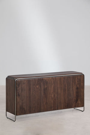 Altrex sideboard – close-up of rounded corner, stainless steel frame and acacia wood top