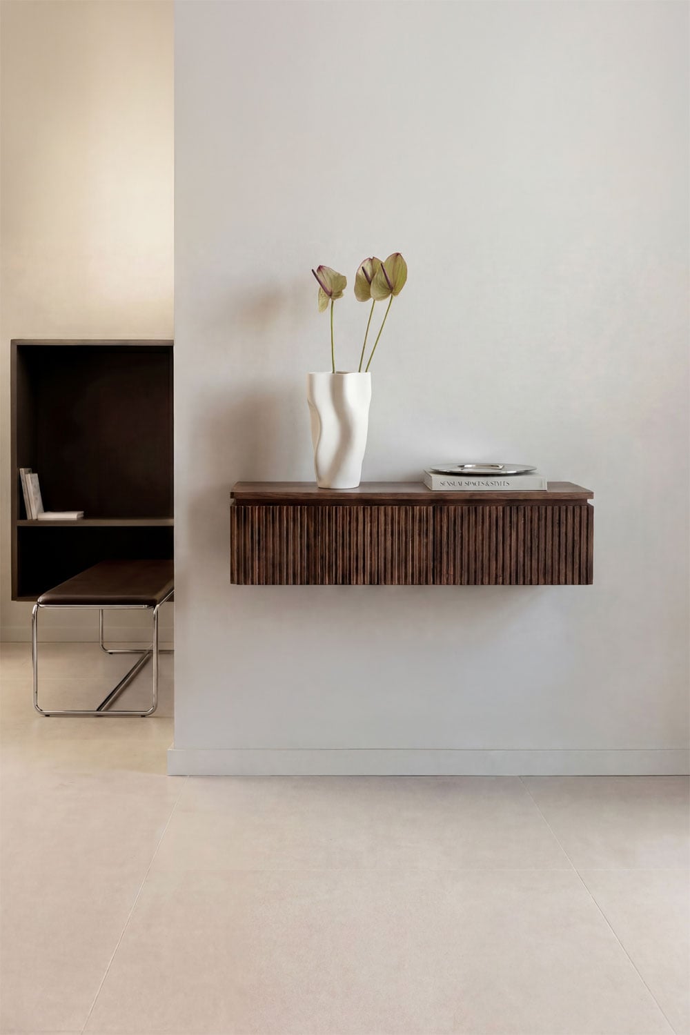 Biljandi wall-mounted console – front view, dark acacia wood with slat detail