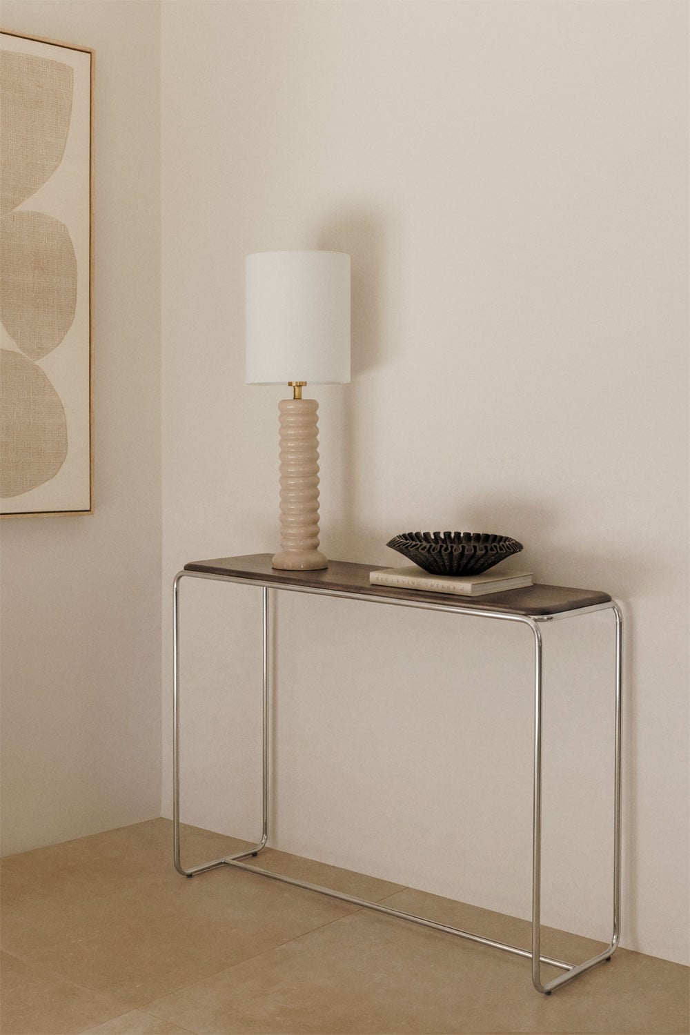 Altrex console table – front view, dark acacia wood top and stainless steel frame