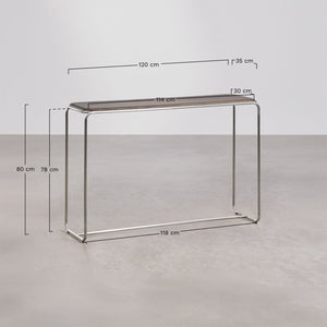 Altrex console table – close-up of stainless steel base, cross brace and adjustable plastic feet