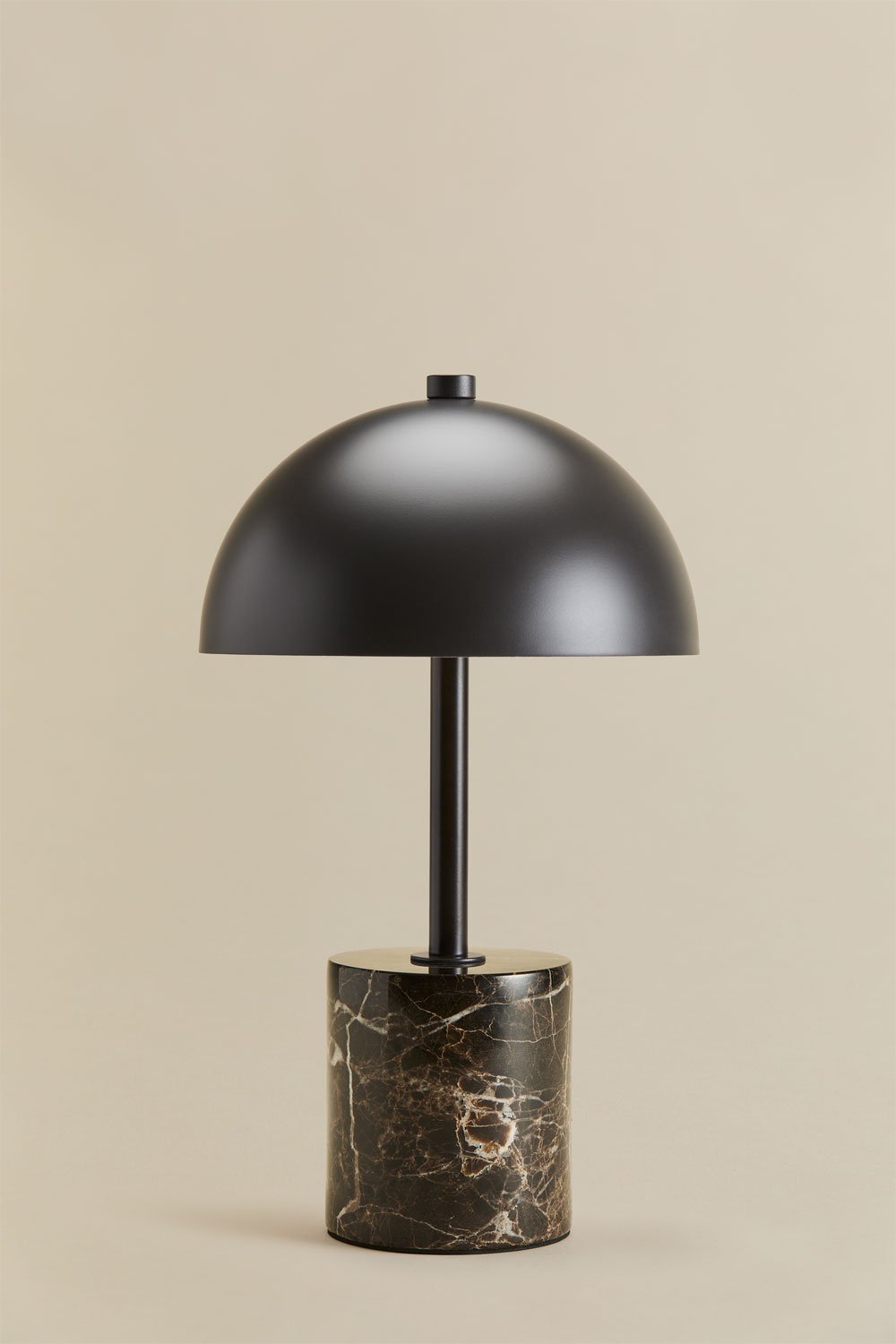 Nicolas wireless LED lamp – close-up of Emperador Brown Marble base showing rich dark veining and white mineral streaks, iron stem detail