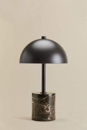 Nicolas wireless LED lamp – close-up of Emperador Brown Marble base showing rich dark veining and white mineral streaks, iron stem detail