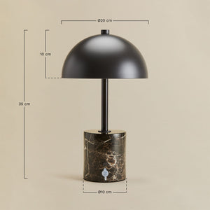 Nicolas wireless LED lamp – lifestyle close-up glowing on a dark wood nightstand, warm amber light pooling beneath the dome shade