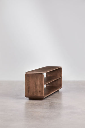 Tinsley TV cabinet – corner detail, dark acacia wood
