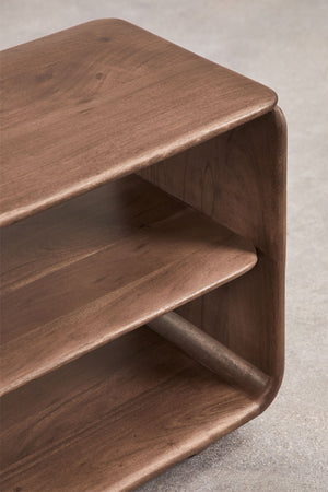 Tinsley TV cabinet – top corner close-up, dark acacia wood