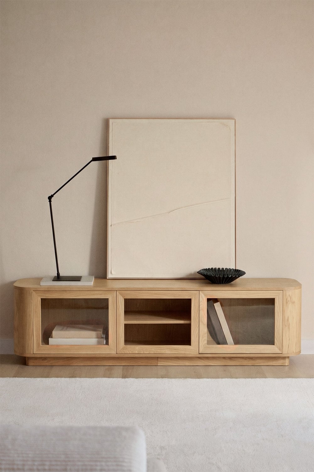 Walia TV unit – front view, closed doors, natural oak veneer