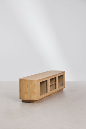 Walia TV unit – front view, all three glass doors open showing interior
