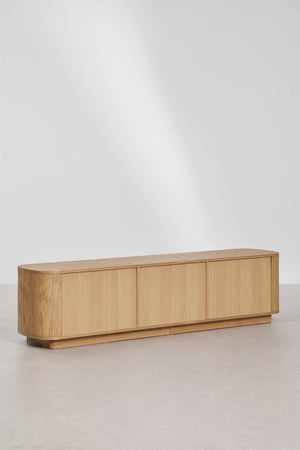 Walia TV unit – corner detail, rounded edge and oak base