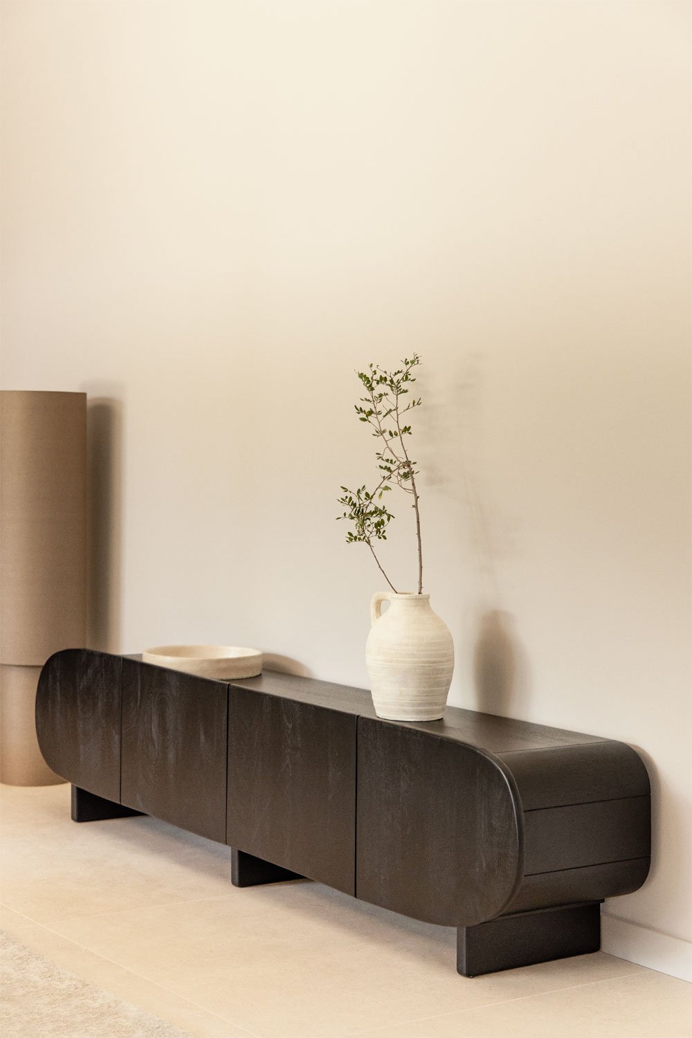 Agathe TV unit – front view, closed doors, smooth black mango wood