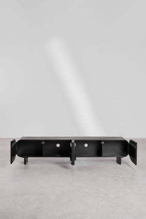 Agathe TV unit – close-up of curved rounded end cap, black mango wood grain