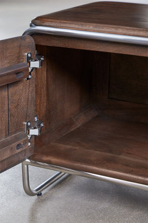 Altrex TV unit – corner close-up, acacia wood grain and stainless steel frame junction