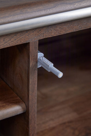 Altrex TV unit – close-up of stainless steel leg and adjustable foot