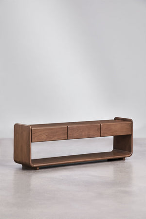 Tinsley TV stand – front three-quarter view, dark acacia wood