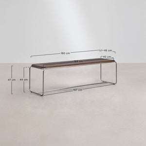 Altrex bench – close-up of acacia wood seat and stainless steel frame corner detail