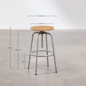 Bangalore high stool – dimensions diagram: height 62–82 cm, diameter 45 cm, footrest height 23 cm