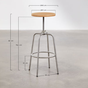 Bangalore high stool – rear three-quarter view on white background, full height, stainless steel frame detail