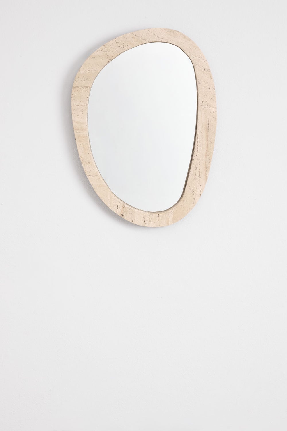 Urkiz irregular mirror – front view on white background, full height portrait orientation, natural travertine stone frame