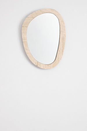 Urkiz irregular mirror – front view on white background, full height portrait orientation, natural travertine stone frame