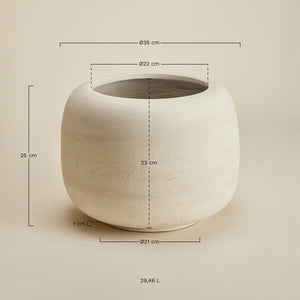 Annabeth concrete planter – small size dimensions diagram: H25 cm total, Ø35 cm max width, Ø22 cm opening, 23 cm interior depth, Ø21 cm base, 1 cm foot, 29.46 L volume